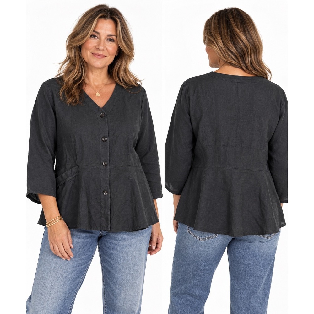 FLAX Linen Peplum Button Front Top Large Black V-Neck Lagenlook Coastal Grandma